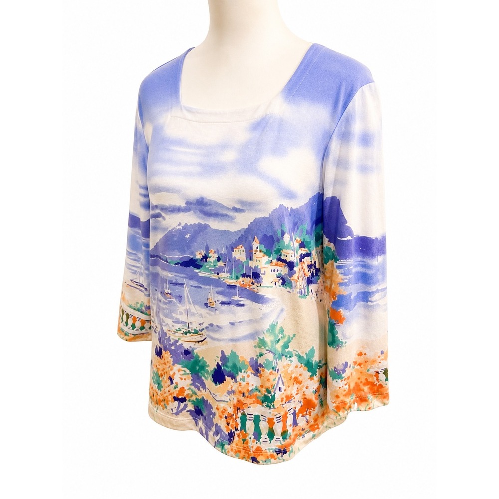 Alfred Dunner Scenic Print Womens M Petit Top Coastal Grandma Euro Travel Cotton